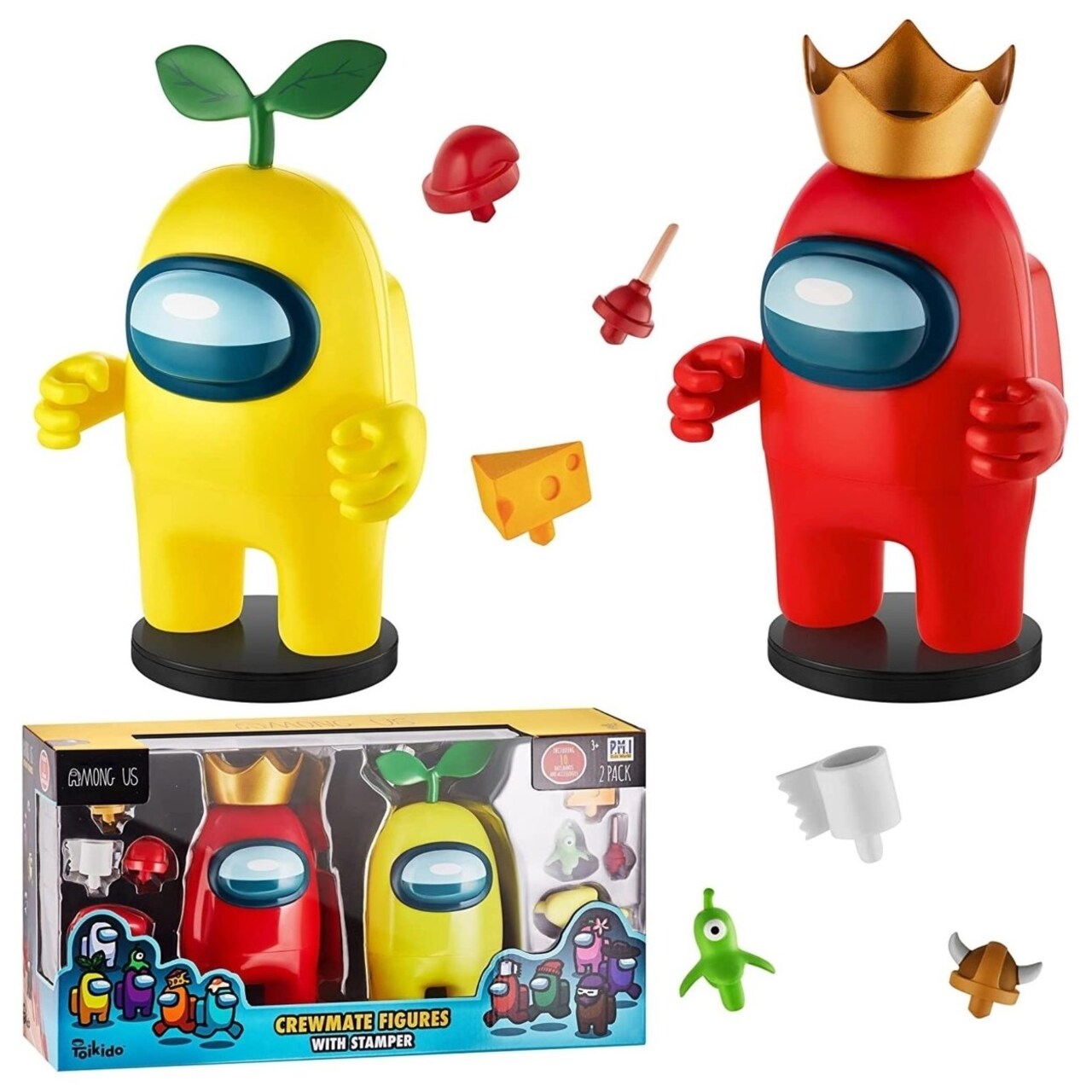 Among Us Stamper Crewmate 2Pk Yellow Plant Hat Red Gold Crown 7" Figure Set Pmi International